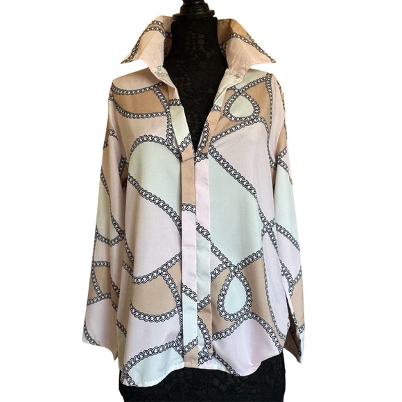 Vintage Tops - Vintage Beige White Pink Black Cotton Chain Pattern Tailored Blouse XL